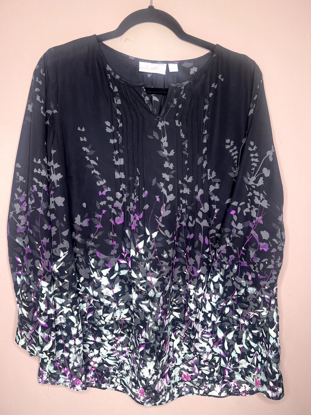 Belle by Kim Gravel Black Purple Floral Pintuck Blouse Top NWOT S Small